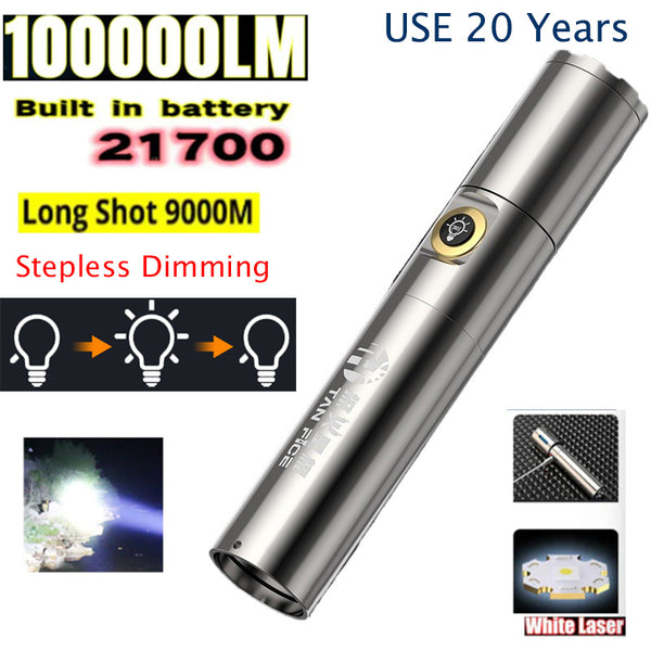 Stepless Dimming 100000Lumens White Laser Tactical Zoom Flashlight With 21700 Tesla Li-ion Battery 20 Hours High Endurance 20 Years of Use