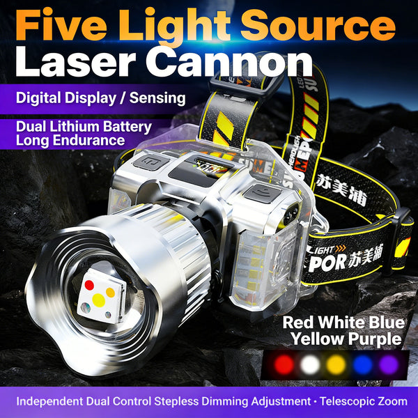 New Ultra-Bright Five-Core LED Headlamp with Red, White, Blue, Yellow & Purple Light Sources 3000mAh Lithium Battery for Extended Run Time Extendable Zoom Function Specialised for Outdoor Hiking, Camping, Night Fishing & Patrol Use