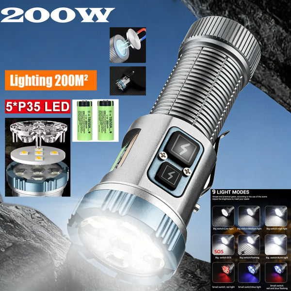 200W 5-Core Explosion-Proof High-Intensity Torch with 9-Mode Settings Lighting with Type-C Fast Charging, Strong Magnetic Attachment, Waterproof Portable Work/Emergency Light