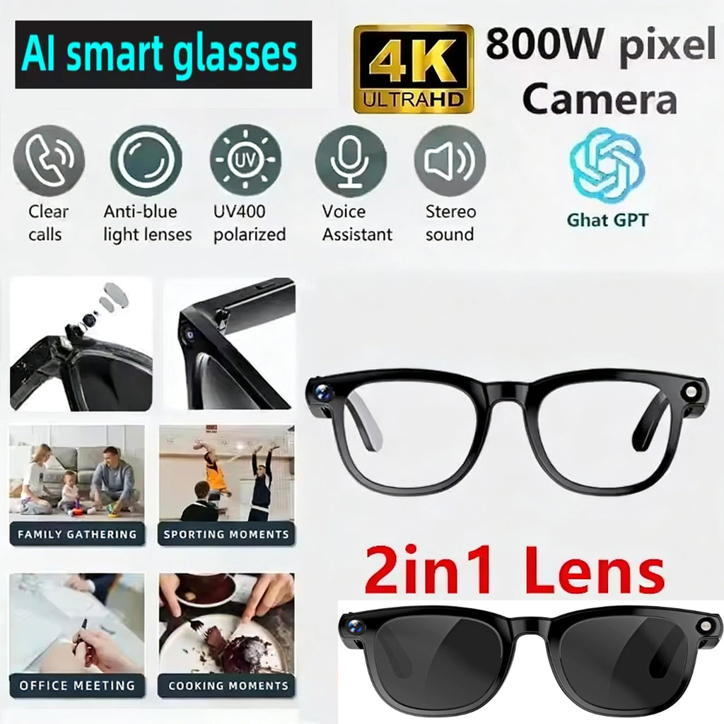 8-megapixel Camera Smart Glasses 1080P Video Recording BT AI Assistant Translation Call Noise Reduction Dual Lens Sunglasses Anti-blue Light