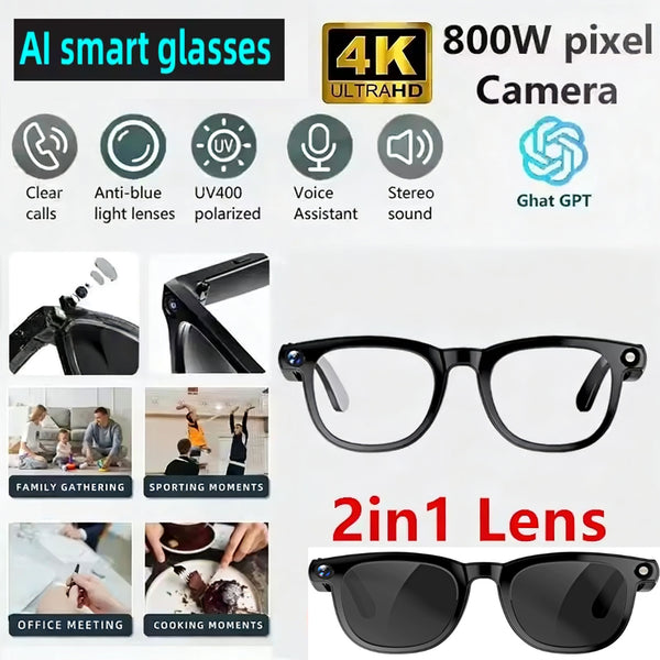 8-megapixel Camera Smart Glasses 1080P Video Recording BT AI Assistant Translation Call Noise Reduction Dual Lens Sunglasses Anti-blue Light