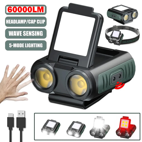 60000lumens 3 Light Source Sensor Clip-on Headlight Bicycle Light Warning Light Flashlight Rotating Owl Headlight Type-c rechargeable