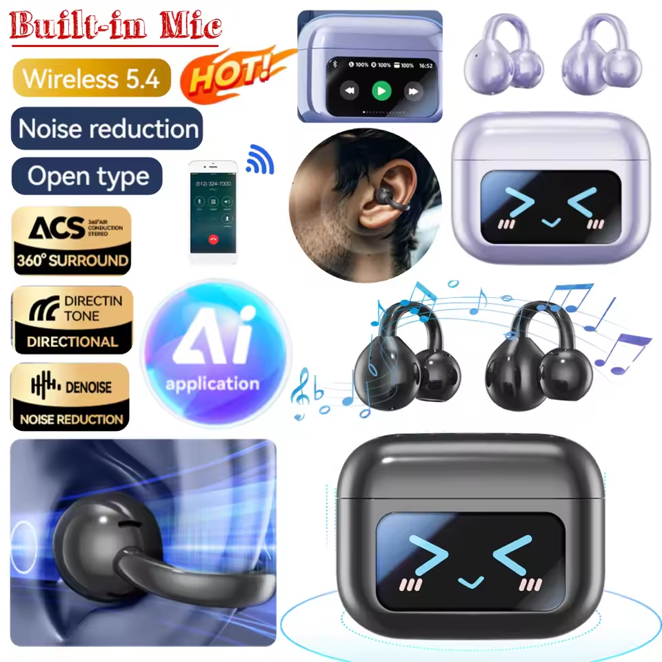 LCD Touch Screen Open Ear Clip Wireless Earbuds BT 5.4 Sports Earphones Built-in Mic Fitness Headphones Waterproof for Sports Running Workout Gym