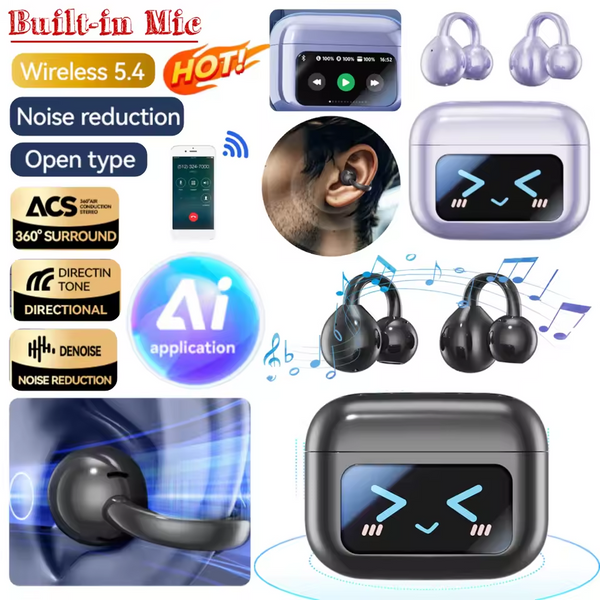 LCD Touch Screen Open Ear Clip Wireless Earbuds BT 5.4 Sports Earphones Built-in Mic Fitness Headphones Waterproof for Sports Running Workout Gym