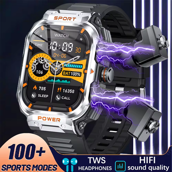 NEW Rugged Military Health Monitoring Smart Watch with TWS Headset 2 in 1 Hifi Music 2.01'' Screen AI Voice Bluetooth Call Smart Watch
