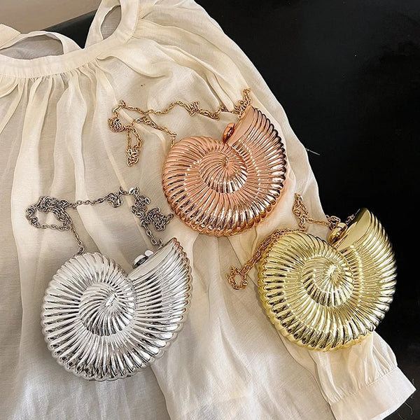 Ladies Creative Conch Shape Shoulder Crossbody Bag Metal Chain Clutch Mini Cell Phone Bag