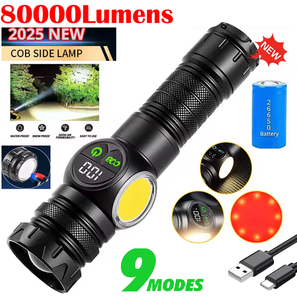 Latest 80000lumens 9 light modes Laser Flashlight with COB Side Light Independent 2 Switches Built-in 26650 Rechargeable Battery Digital Display Tail with Magnet