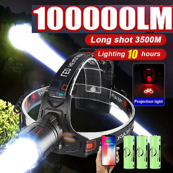 300W 100000LM Zoom White Laser LED Headlamp With 3pcs 18650 Rechargeable Batteries Super Bright 3500m Long Range Alloy Headlamp Power Bank Tail Light with Bike Graphics