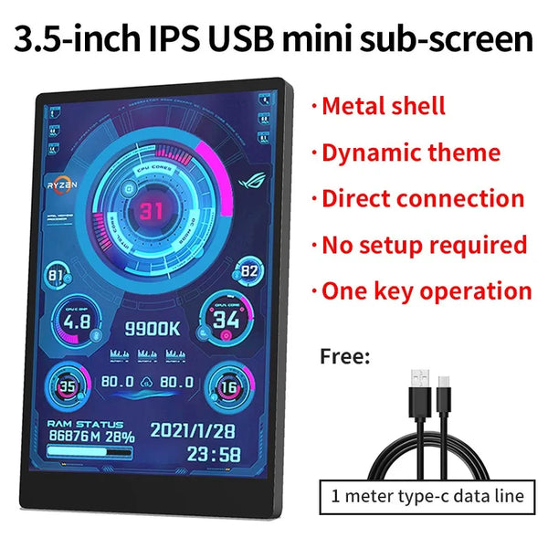 3.5 Inch IPS Type-C Secondary Screen Mini Computer USB Display CPU GPU RAM HDD Monitor with Holder Metal Case No Use AIDA64