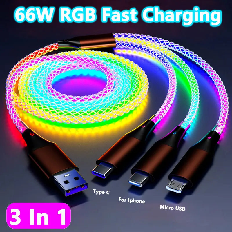 3 In 1 66W 6A RGB Light Type C iPhone USB Lighting Cable Fast Charging Phone Cable