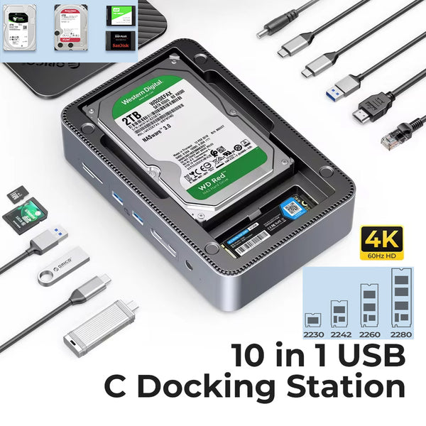 10-in-1 USB C HUB 3.5/2.5/m.2 Hard Drive Enclosure Docking Station NVMe/SATA Mechanical Solid State USB3.2 Docking Station