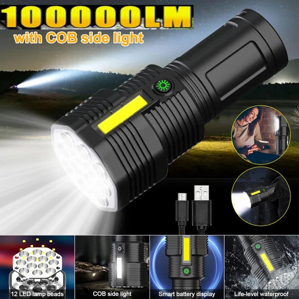 High Power 12LED 100000LM Flashlight USB Rechargeable Powerful LED Electric Torch Camping Super Bright Flashlight With COB Side Light