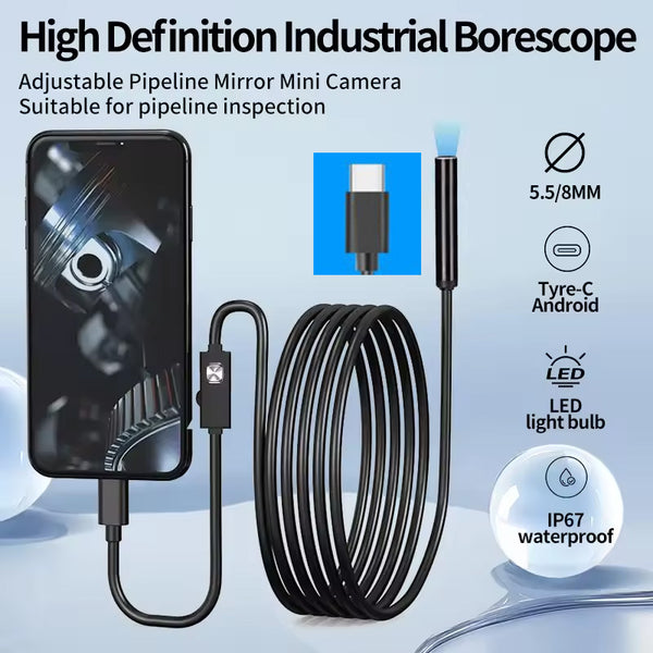 5.5mm TYPE-C Endoscope Camera Hardwire IP67 Waterproof 6 LEDs Adjustable Android Flexible Inspection Borescope Cameras for Phone PC