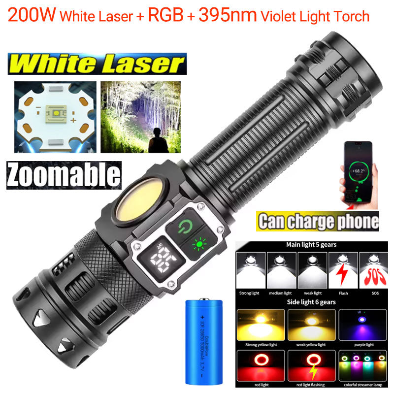 200W White Laser + RGB Colour+ 395nm Violet Light Zoom Torch Waterproof Dual-Switch Magnetic Digital Display Long-Range Torch