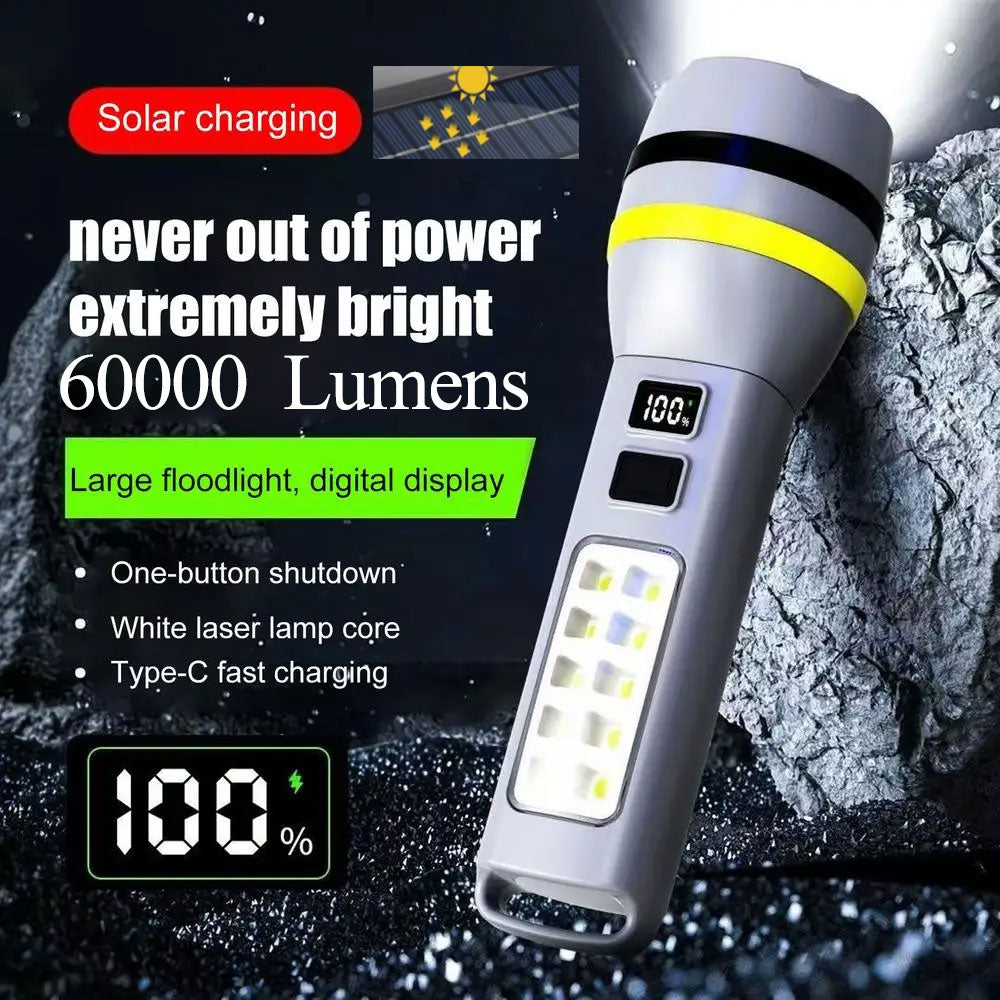 60000Lumens Solar-Powered Torch Solar Charging + 5000m Laser Beam + Real-Time Battery Level + Soft-Light Side Lamp