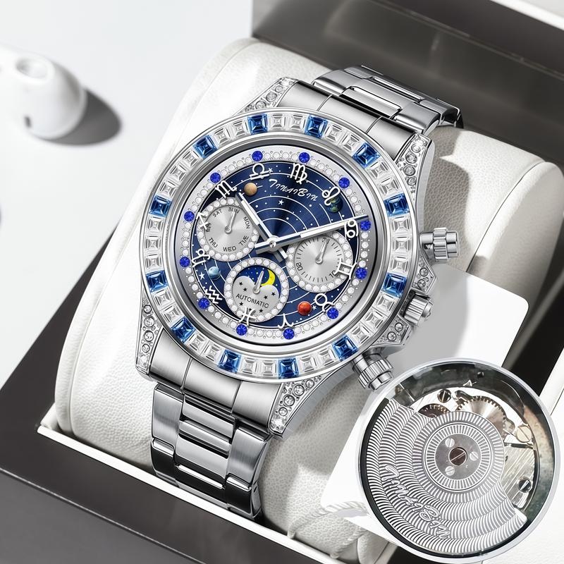 New Trend Sapphire Six-Hand Luminous Second Dial Watches for Man Blue Steel Band Automatic Mechanical Waterproof relogio masculino