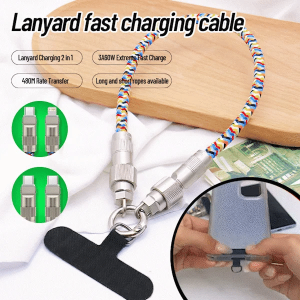 2-in-1 Mobile Phone Lanyard & 60W Fast Charging Cable, Compatible with USB-C to USB-C and USB-C to Lightning interfaces