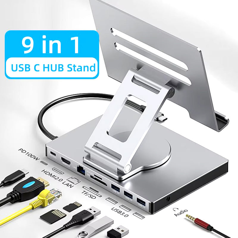 9 in 1 USB C Hub With 360° Rotating Laptop Tablets Stand HDMI 4K60Hz PD 100W USB 5Gbps SD TF Aux 3.5mm for iPad Pro Tablet Docking Station