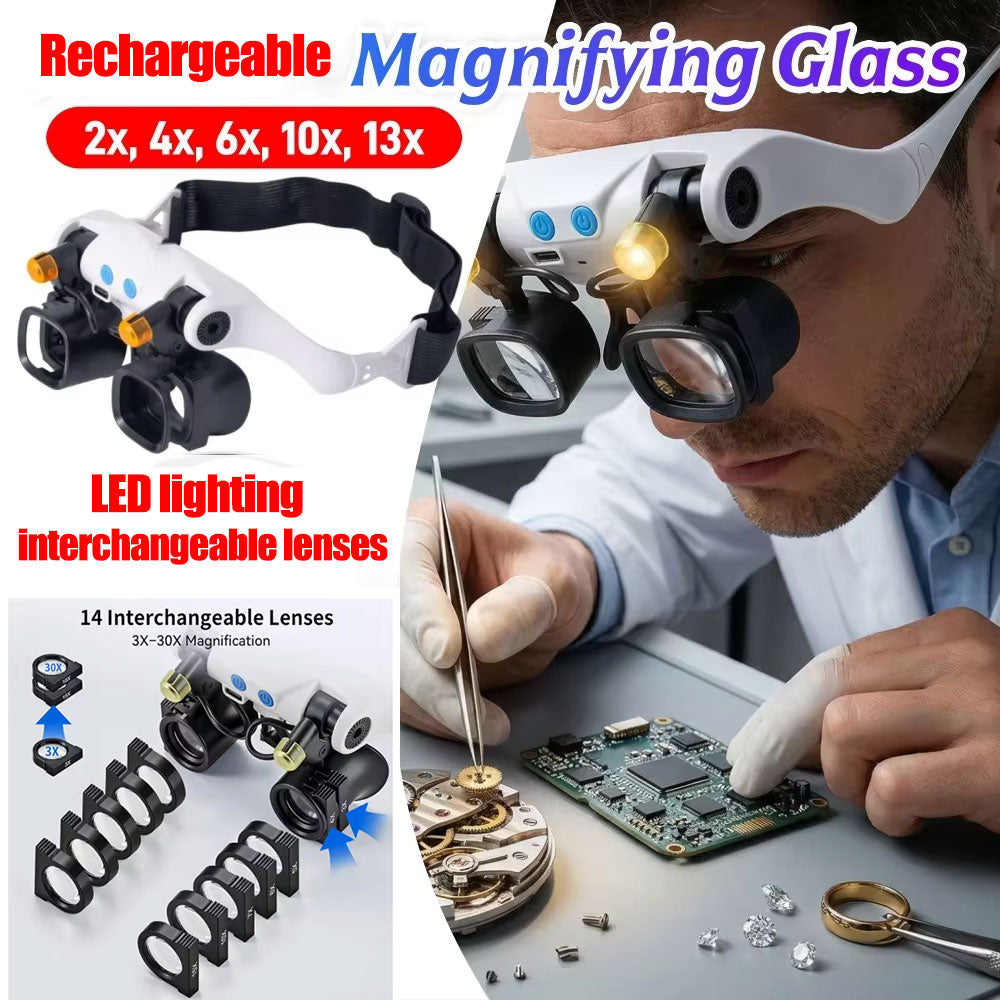 5 Interchangeable Lens Pairs(2X 4X 6X 10X 13X) Head-mounted Magnifying Glass, With Light,Rechargeable,Suitable for Precision Work,Reading Can be combined to create 12 different magnification levels