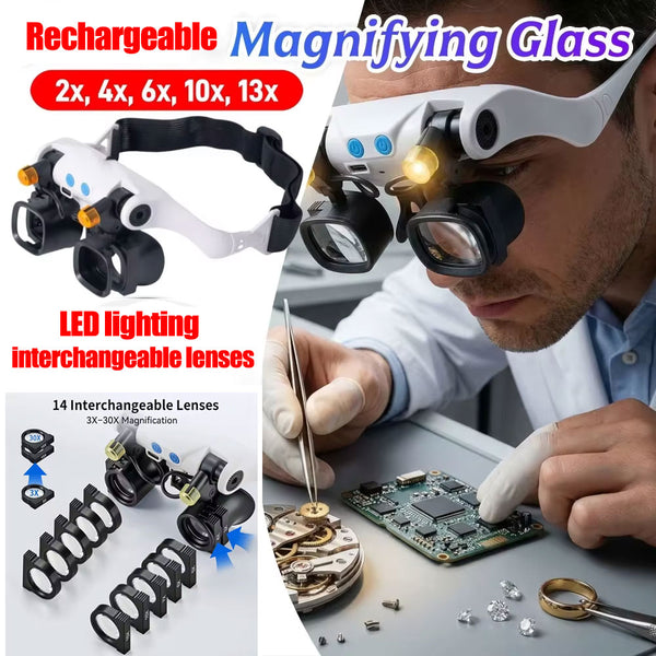 5 Interchangeable Lens Pairs(2X 4X 6X 10X 13X) Head-mounted Magnifying Glass, With Light,Rechargeable,Suitable for Precision Work,Reading Can be combined to create 12 different magnification levels