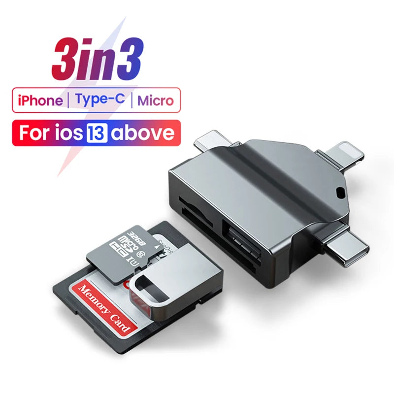 3in3 OTG Adapter for iphone iOS 13 Above Micro Type-C To USB SD TF Card Readers 9in1 3in1 Converter for Samsung Huawei Notebooks
