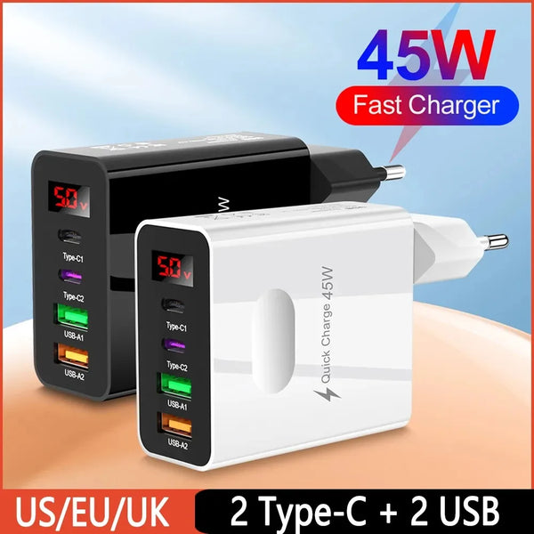 45W 4 Ports Digital Display Fast Charger USB+Type C GaN Charger with 2USB and 2PD Type-C Charger US/EU/UK Plug