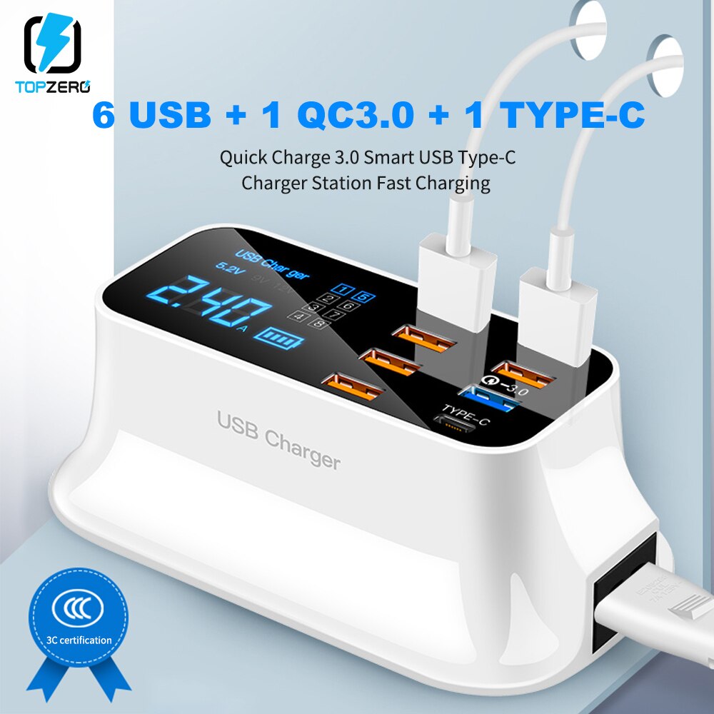 8 Port USB Type-C Smart Fast Charger PD QC3.0 Type C Smart USB Charger Phone Holder Wall Adapter Fast Charge Socket Station Hub