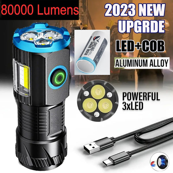 Mini 80000Lumen 3 Nuclear Anti-explosion Alloy Torch with COB Side Powerful Rechargeable 18350 Battery SST20 Light with Tail Magnet Flashlight Camping Lamp COB Work Light