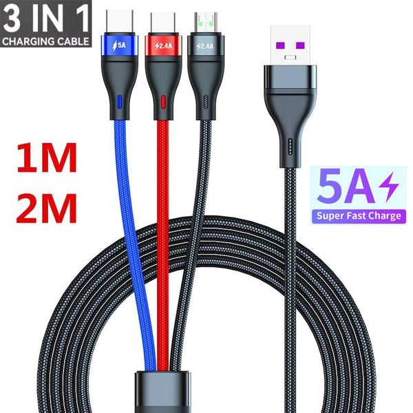 3 in 1 USB Cable Multi Quick Charger 5A 66W Type C Fast Charging Micro USB Cable for iPhone for Samsung for Xiaomi Huawei Phone