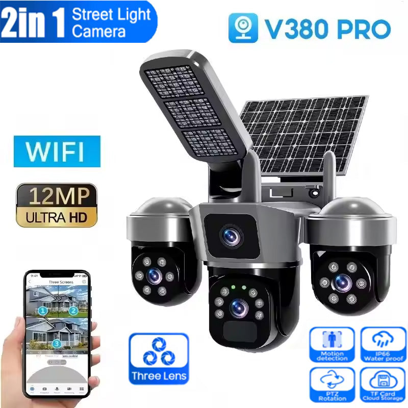 2in1 Solar Street Light Camera Outdoor Waterproof HD Triple Lens WiFi V380 Pro Camera Night Vision with Motion Tracking
