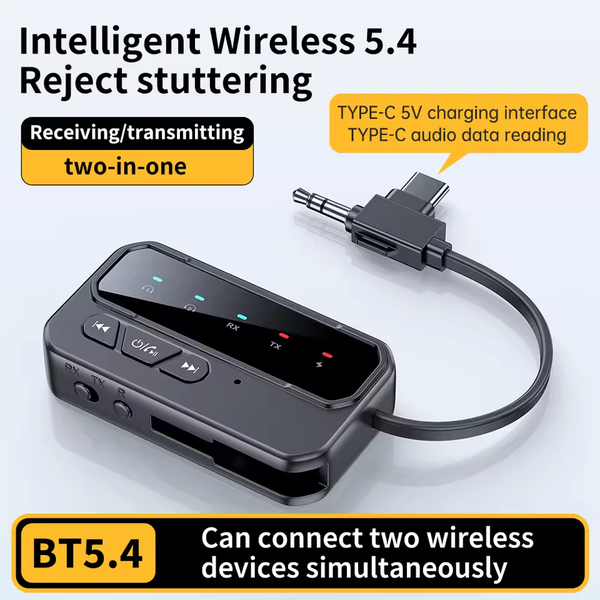 Bluetooth 5.4 Audio Adapter Dual-Function Bluetooth Receiver + Transmitter in One Wireless Audio Converter Supports TX/RX Dual Mode 10-Hour Battery Life Suitable for Car/TV/Audio Systems/PC/Aircraft
