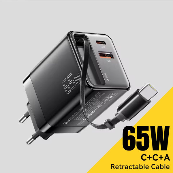GaN PD65W 2Ports Charger with Retractable Type-C Cable PD Fast Charging 1 USB and 1 Type-C Charger for iPhone Android Laptop Macbook Phone Charger