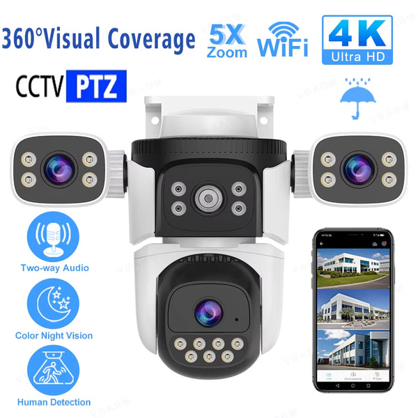 1080P 3-Lens WiFi Camera 360 Degree No Dead Angle Monitor Outdoor Indoor Monitor 5X Zoom Two Way Audio Security Protection Camera Color Night Waterproof IP CamThree Picture Camera