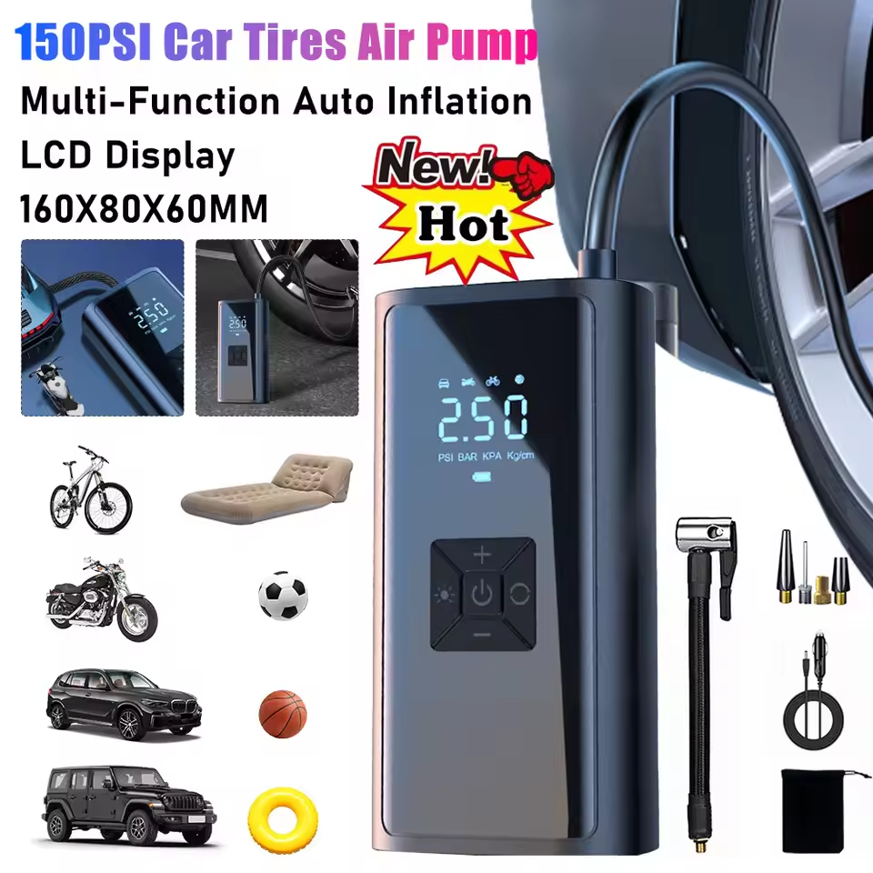 150PSI Car Wireless Air Pump With LCD Digital Display Electric Tire Inflation For Auto Bicycles Ball Emergency Light Bicycle Pump