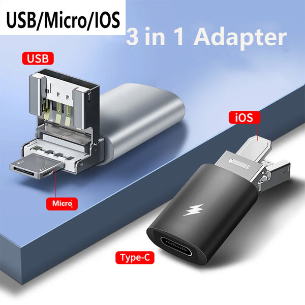 3 IN 1 USB-C To OTG Adapter For Fast Charging Data Transfer For IPhones Laptops Converter Cable Cord