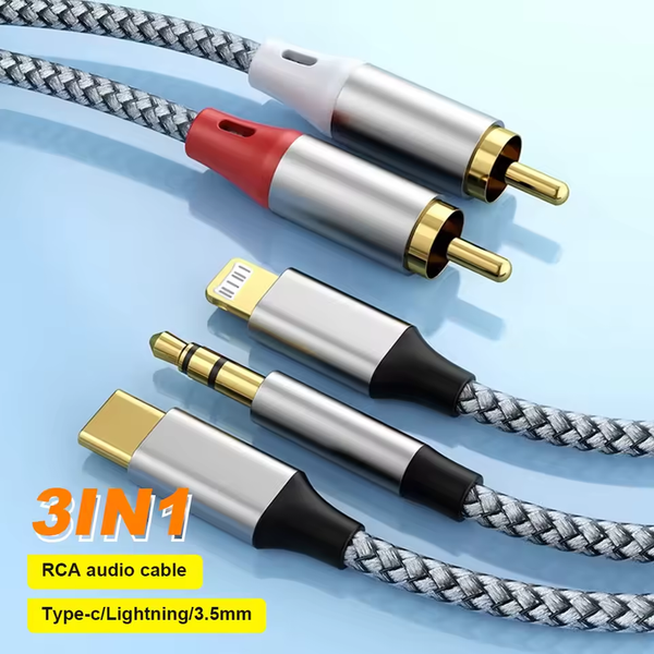 3-in-1 Audio Adapter Cable: Type-C/Lightning/3.5mm to 2x RCA Phono Plugs Suitable for audio systems, car audio, amplifiers, and DVD players Hi-Fi sound quality Braided cable with aluminium alloy housing
