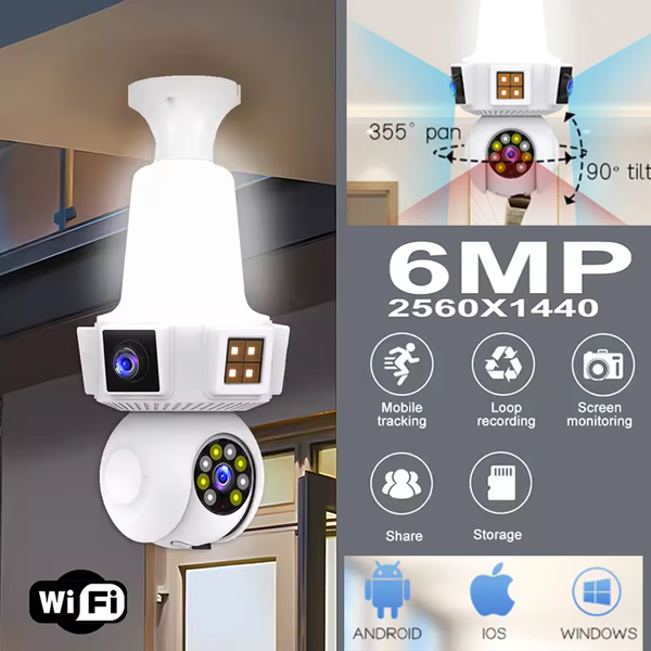 World's first Three Lens Triple Screen 6MP Wireless Wifi E27 Light Bulb Camera V380Pro 360° PTZ Bulb Camera Home Security CCTV Monitor