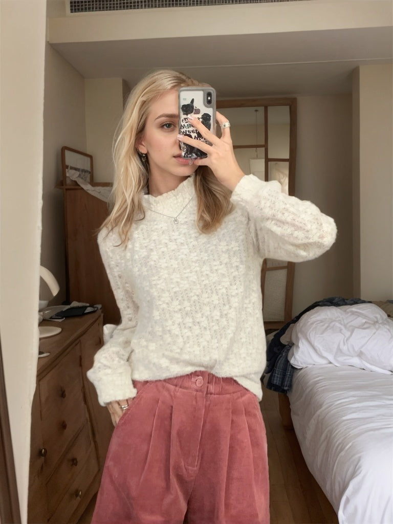 Double-layer Short Shirt, Knitted Fabric, Lace Petal Decoration, Middle Collar, Warm for Spring