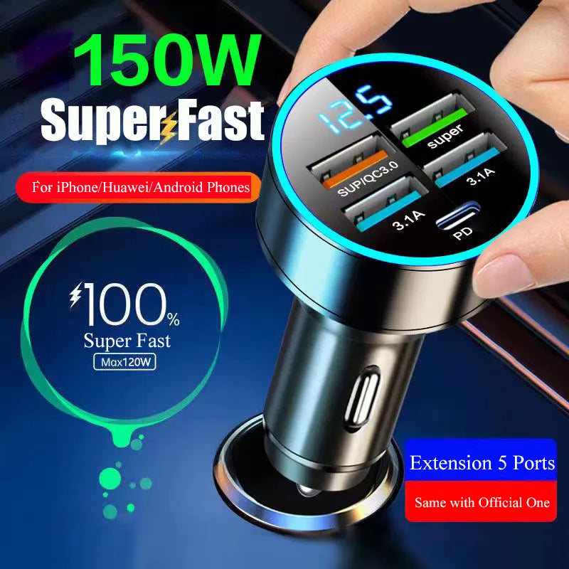 2Pcs 5 Ports 150W Fast Charging Car Charger  Digital Display PD QC3.0 USB C Car Phone Charger Type C Adapter in Car