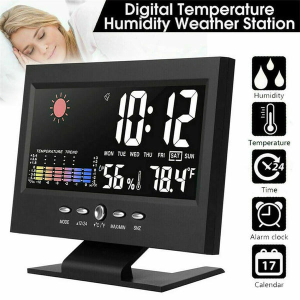 5-in-1 Led Digital Alarm Clock Calendar Weather Display Thermometer Humidity Monitor With Snooze Functions
