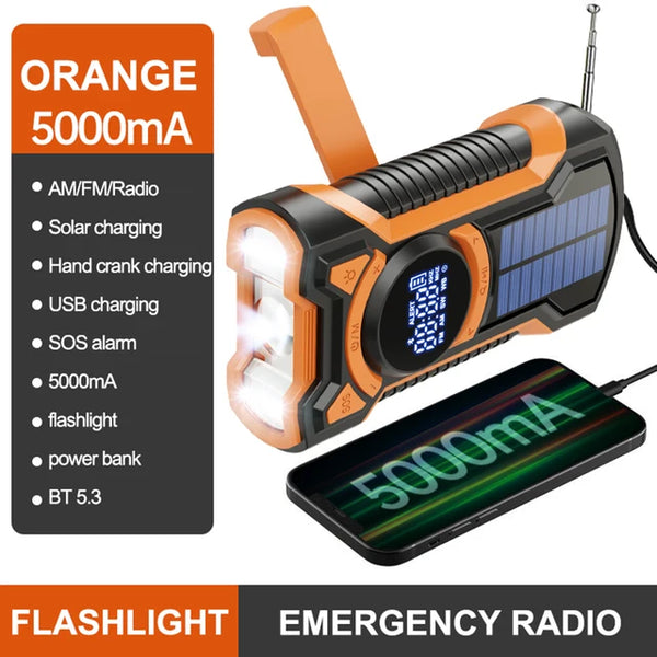 Solar Radio Hand Crank 5000mAh Emergency Power Bank FM AM NOAA Weather Radio LED Flashlight Bluetooth 5.3 Speaker