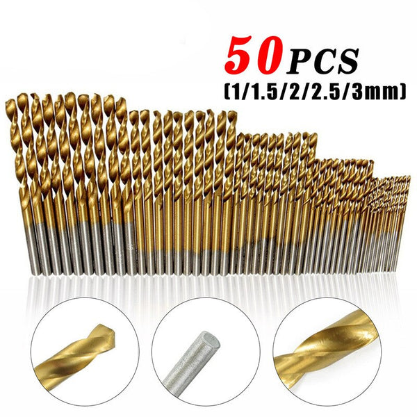 50Pcs HSS Titanium Coated Twist Drill 1 / 1.5 / 2 / 2.5 / 3MM High Speed Steel Drill Bit Straight Shank Drill Tool Set