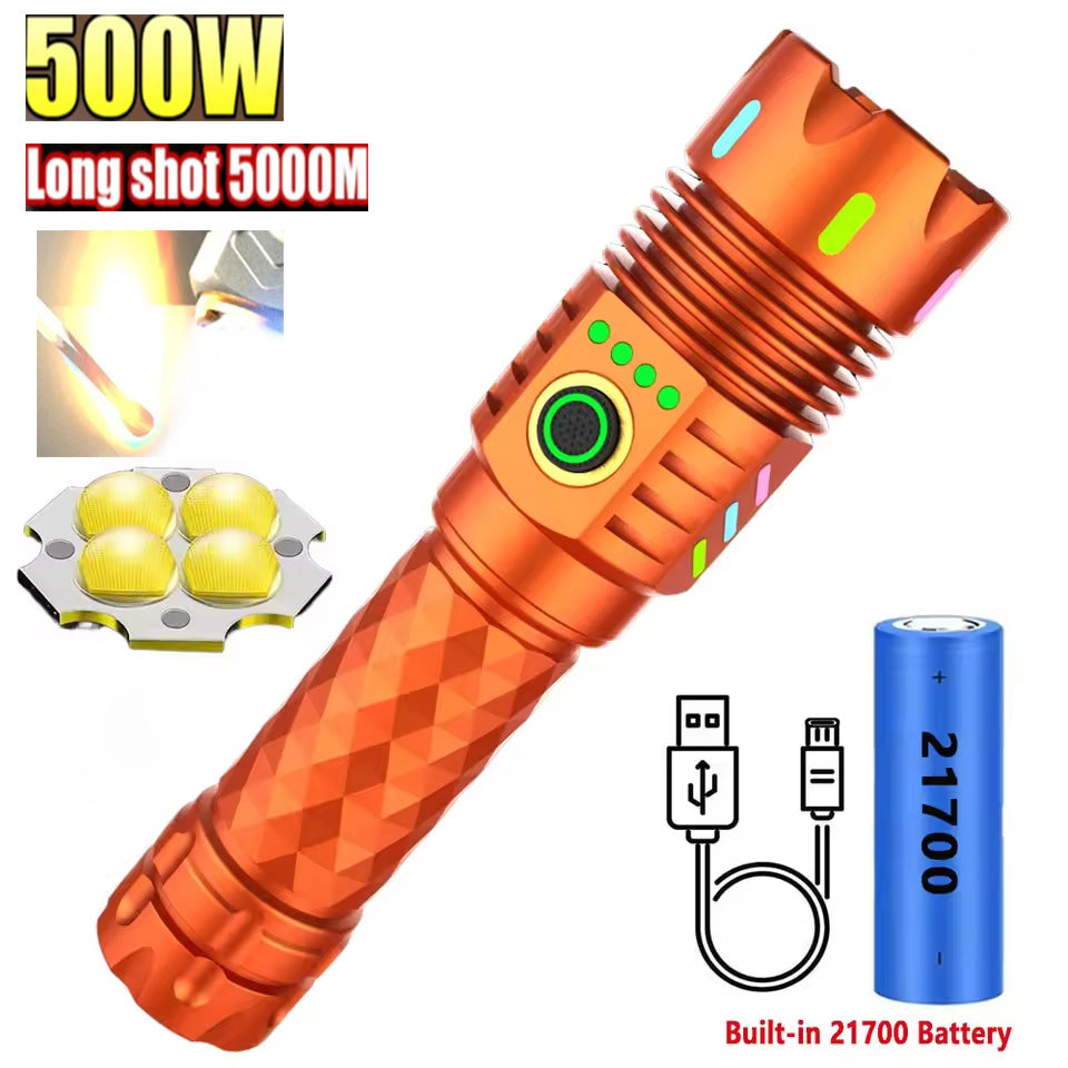 500Watts Ignitable Diamond Body Optical Zoom Flashlight with 4800mah 21700 Battery Long-Range Shot 5000M