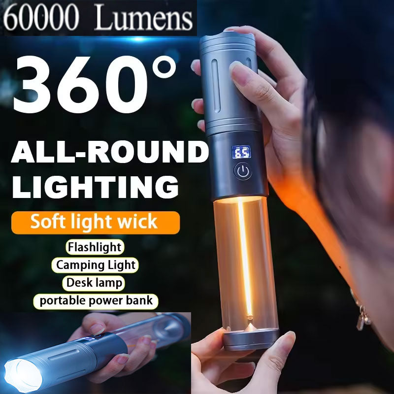 60000LM 2 In 1 360° Camping Light Camping Flashlight with Hanging Hook Portable Tent Light 3 Light Colors Emergency Light
