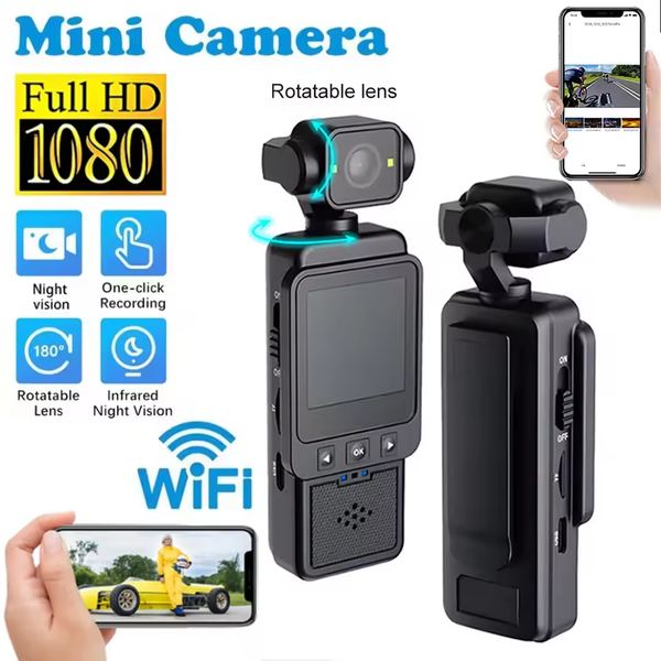 Action Camera 1080P WiFi Full Color Night Vision 180°Rotatable Sports Mini POV Camcorder for Travel Vlogging Audio Video Recording