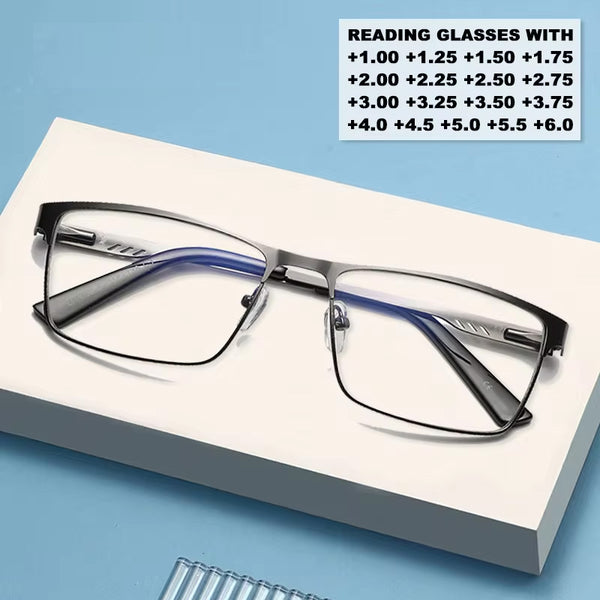 Titanium Square Metal Large Frame Reading Glasses Eye Prescription +100~+600