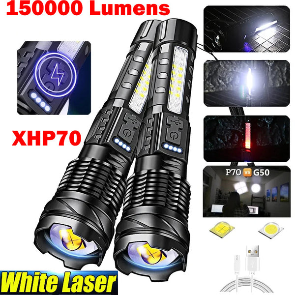 200W XHP70 Zoom White Laser Torch with 26650 Rechargeable Battery Type-c Rechargeable Tactical Torch with COB Side Light