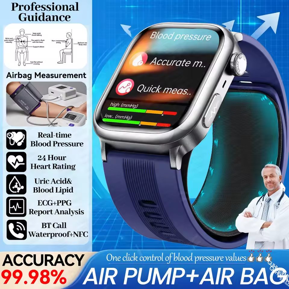 New Air Pump Air Bag Precision Blood Pressure Monitoring Smartwatch ECG+PPG Bluetooth Calling + AMOLED Display + Health & Sport Watch NFC Remote Care Health Smartwatch