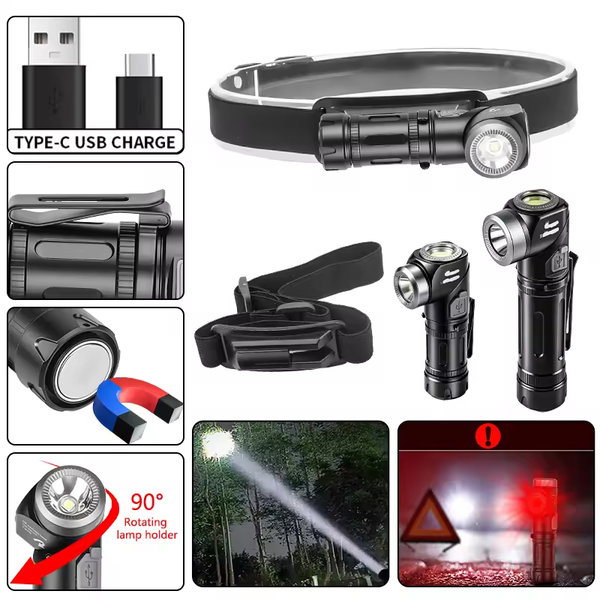 100Watts 90° Rotatable Magnetic Corner Flashlight with Dual Lamp Heads Headlamp and Flashlight 2-in-1 COB White/Red Light Multi-Function Tactical Illumination Type-C Charging, IPX4 Waterproof, Portable Clip