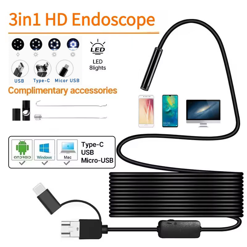3 in 1 7mm Endoscope Camera Hard/Soft Cable Waterproof PC Android Phone Computer Endoscope Pipe Type C Endoscope Inspection Mini Camera
